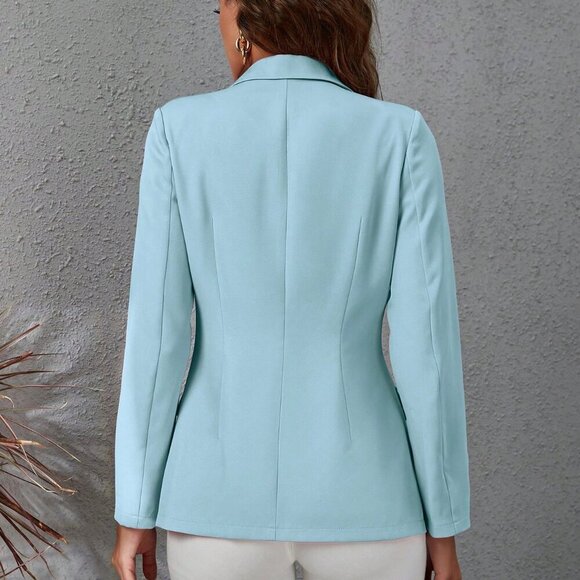Baby Blue Elegant Women's Solid Color Double-Breasted Suit Jacket - Picture 2 of 7